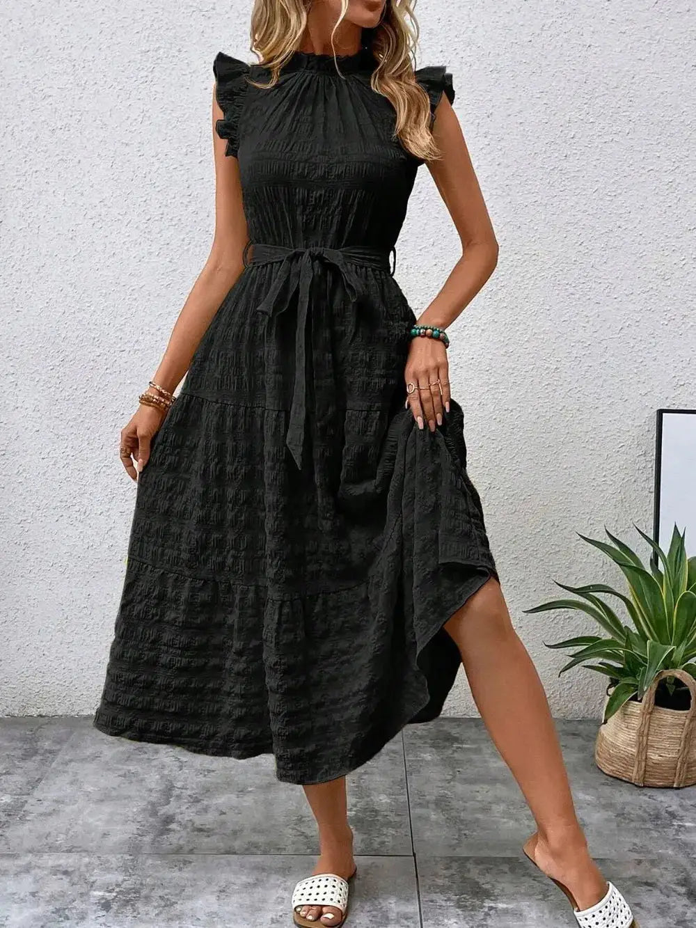 Tied Ruffled Cap Sleeve Midi Dress Trendsi