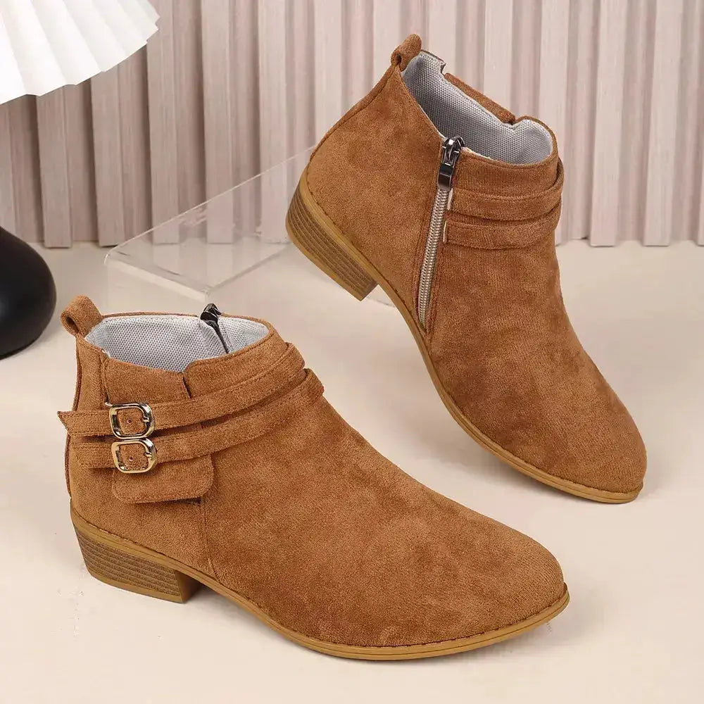 Suede Point Toe Block Heel Boots by Parfymia