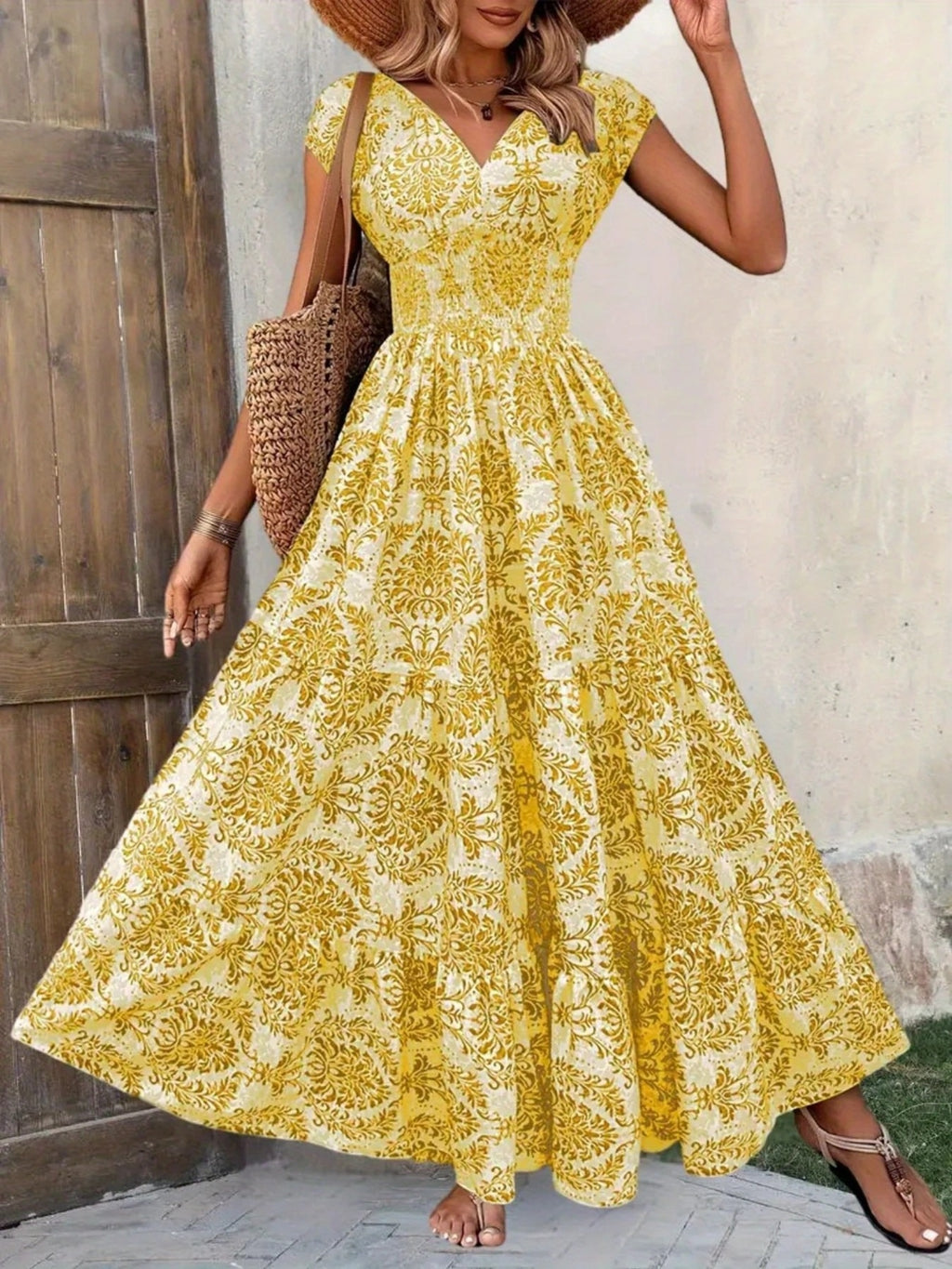 Printed Cap Sleeve Maxi Dress Trendsi