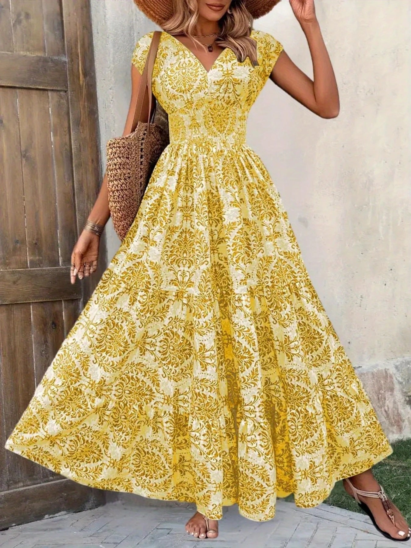 Printed Cap Sleeve Maxi Dress Trendsi