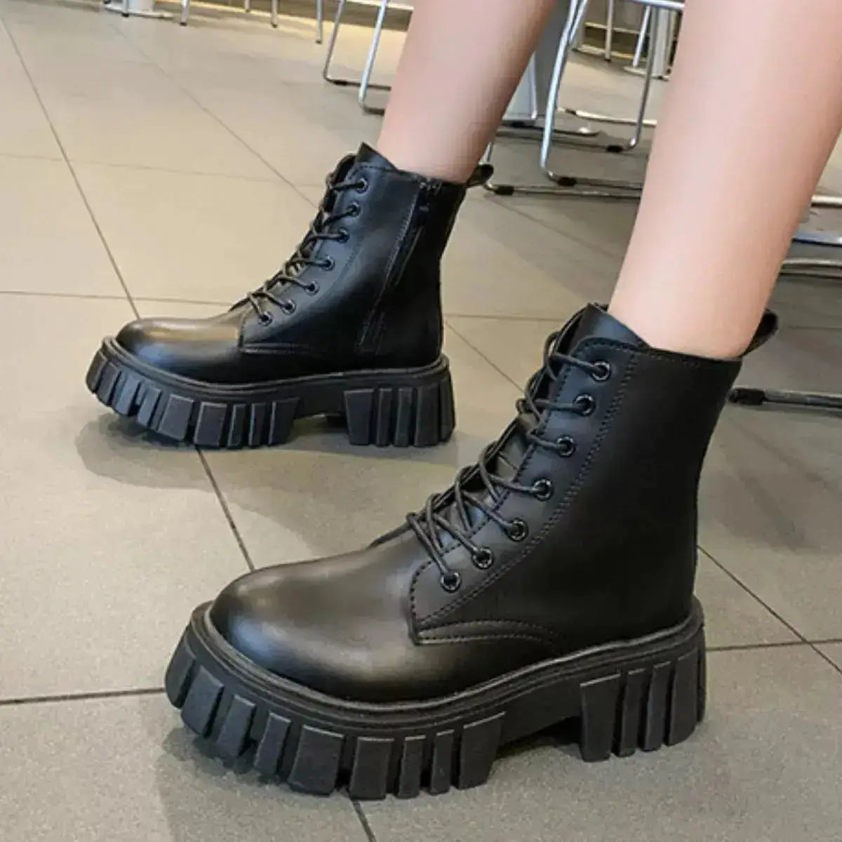 PU Leather Chunky Heel Lace-Up Boots by Parfymia