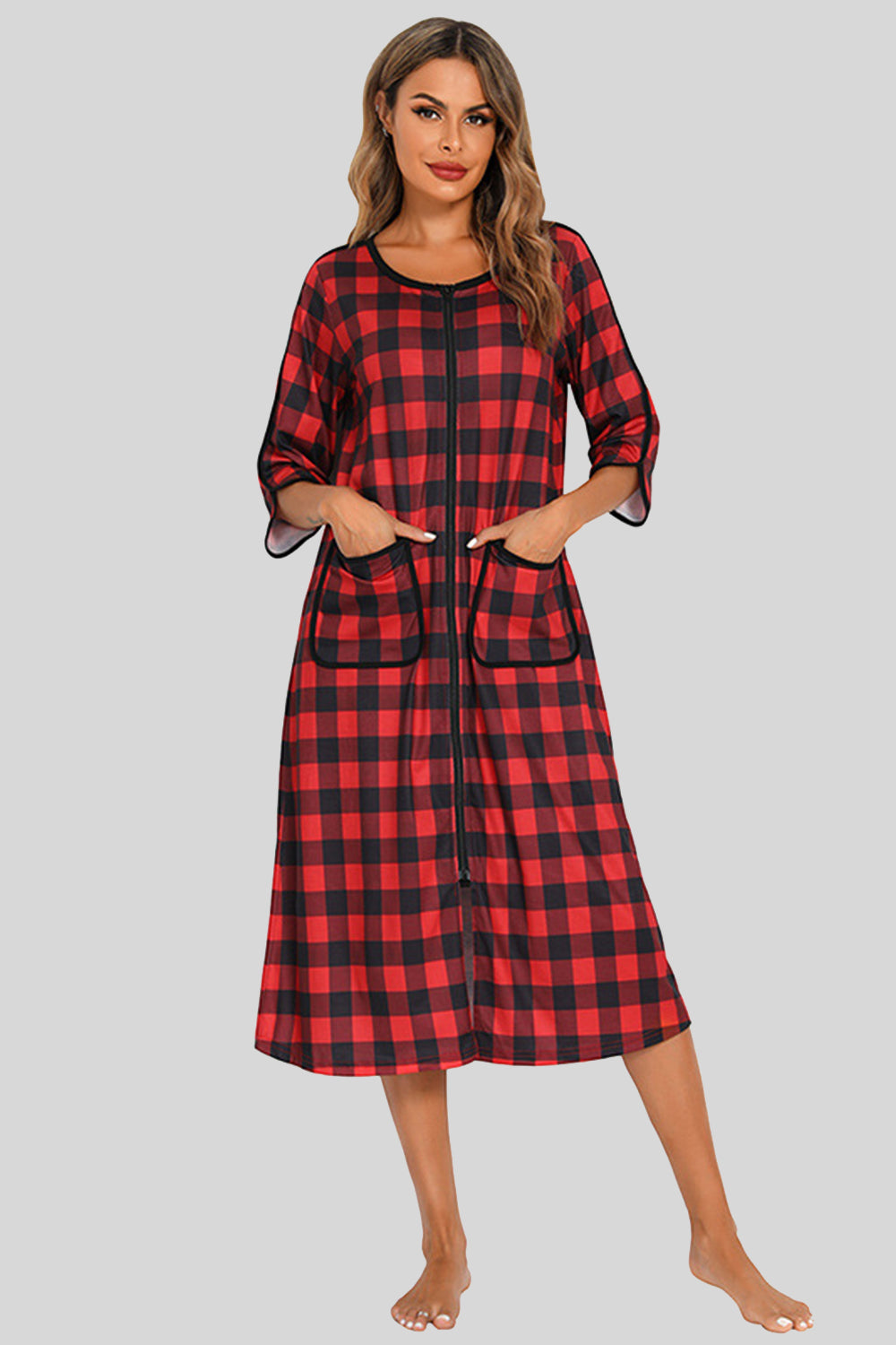 Women's Midi Dress – Round Neck Three-Quarter Sleeve