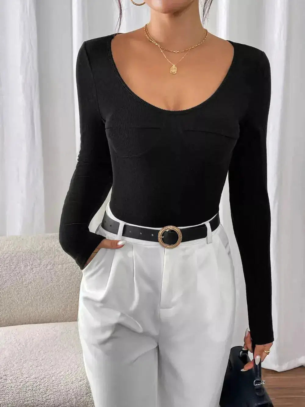 Perfee Scoop Neck Long Sleeve Bodysuit by Parfymia