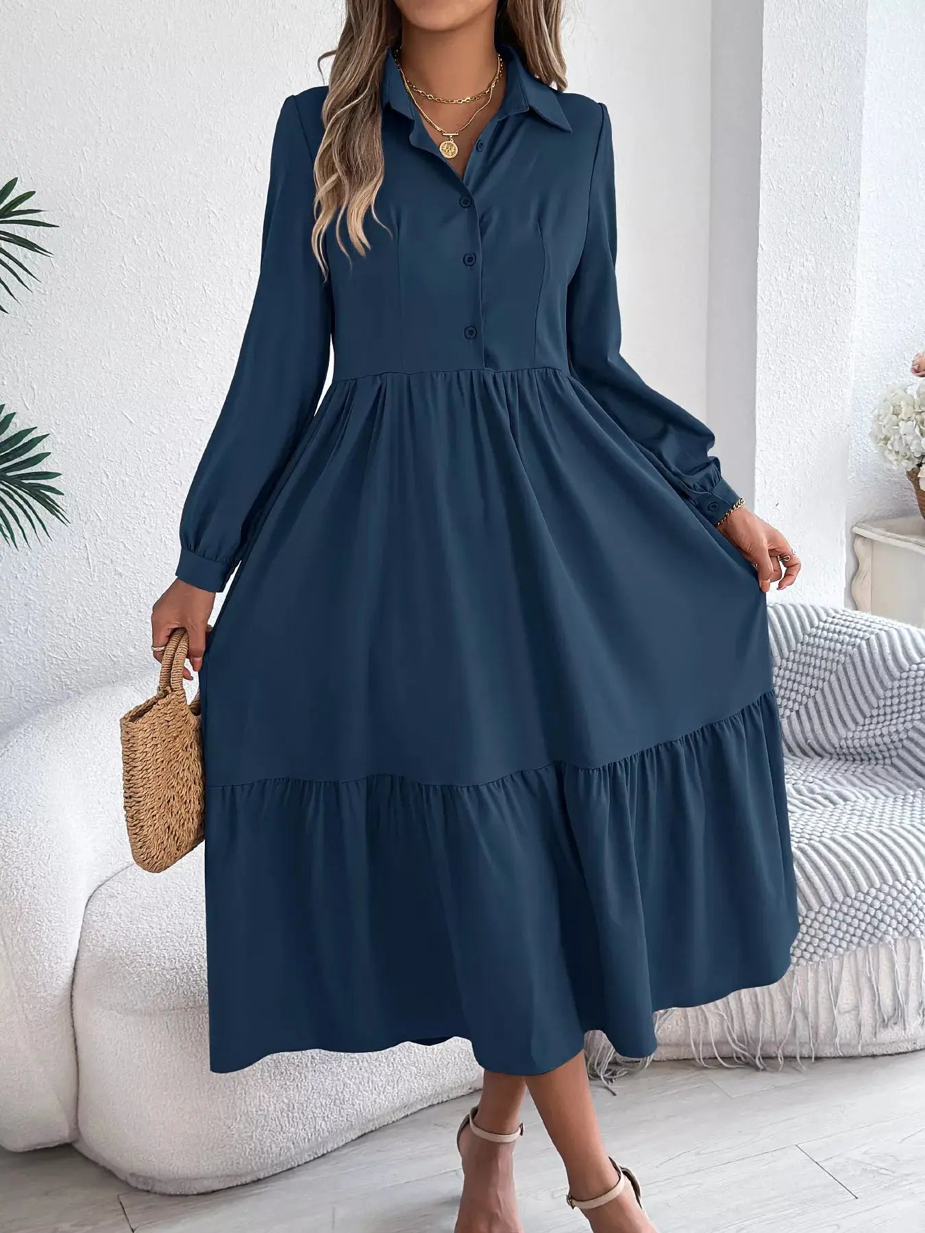 Long Sleeve Tiered Button Front Midi Dress Trendsi
