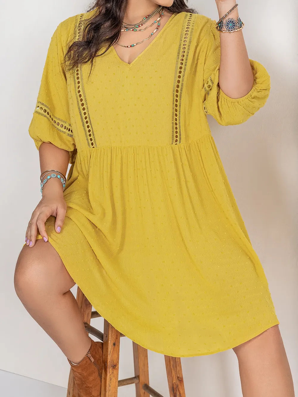 Women's Plus Size Eyelet Mini Dress in Yellow