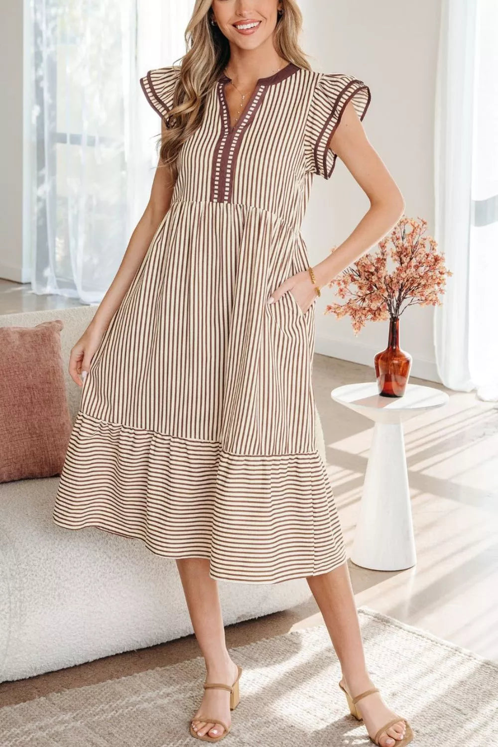 Women's Midi Dress – Striped Flutter Sleeve