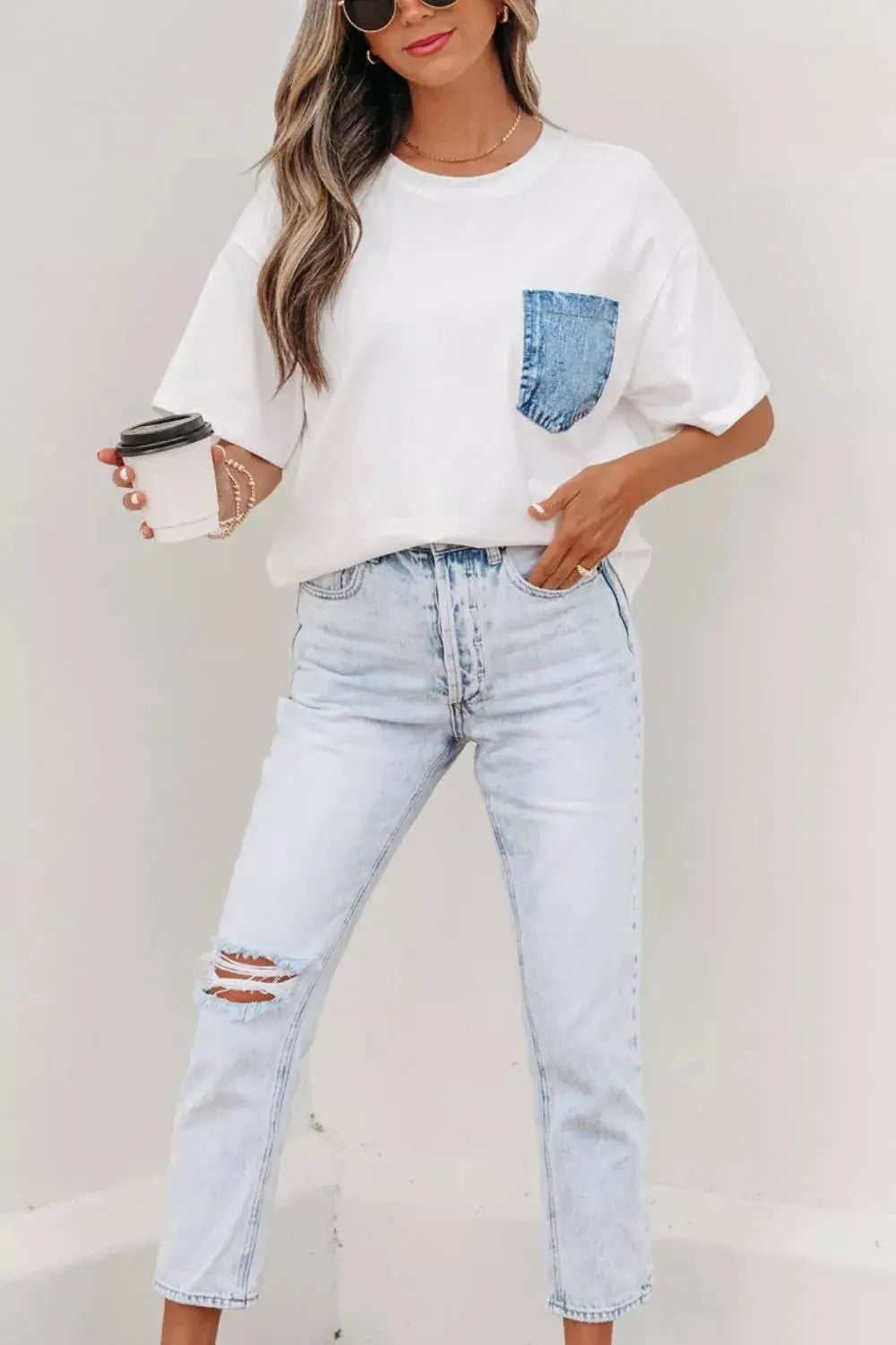 Color Block Chest Pocket Patched Casual Short Sleeve Top by Trendsi