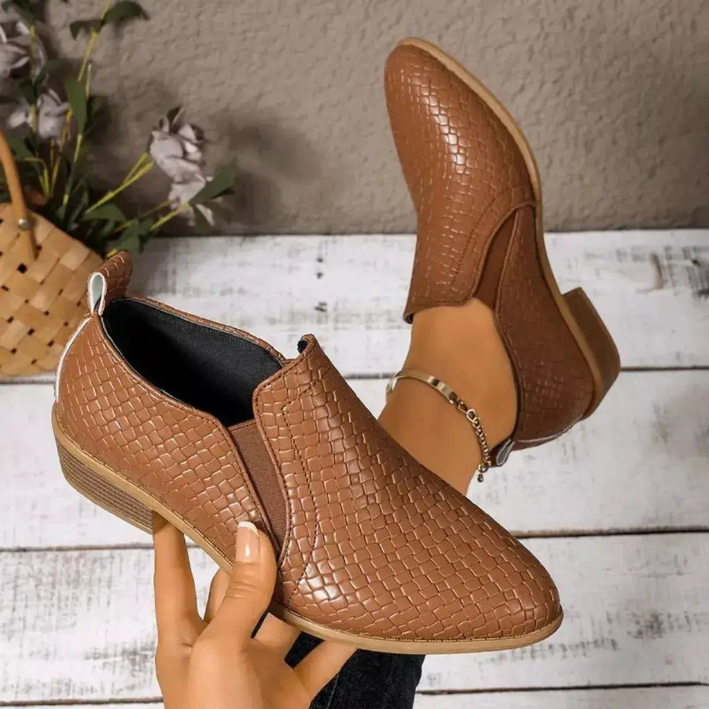 PU Leather Point Toe Block Heels Ankle Boots by Parfymia