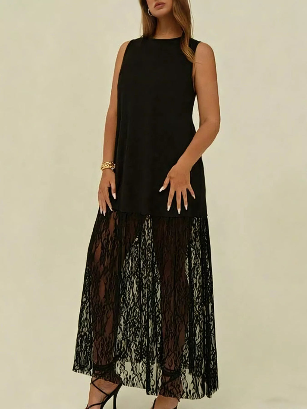 Women's Plus Size Sleeveless Lace Trim Maxi Dress