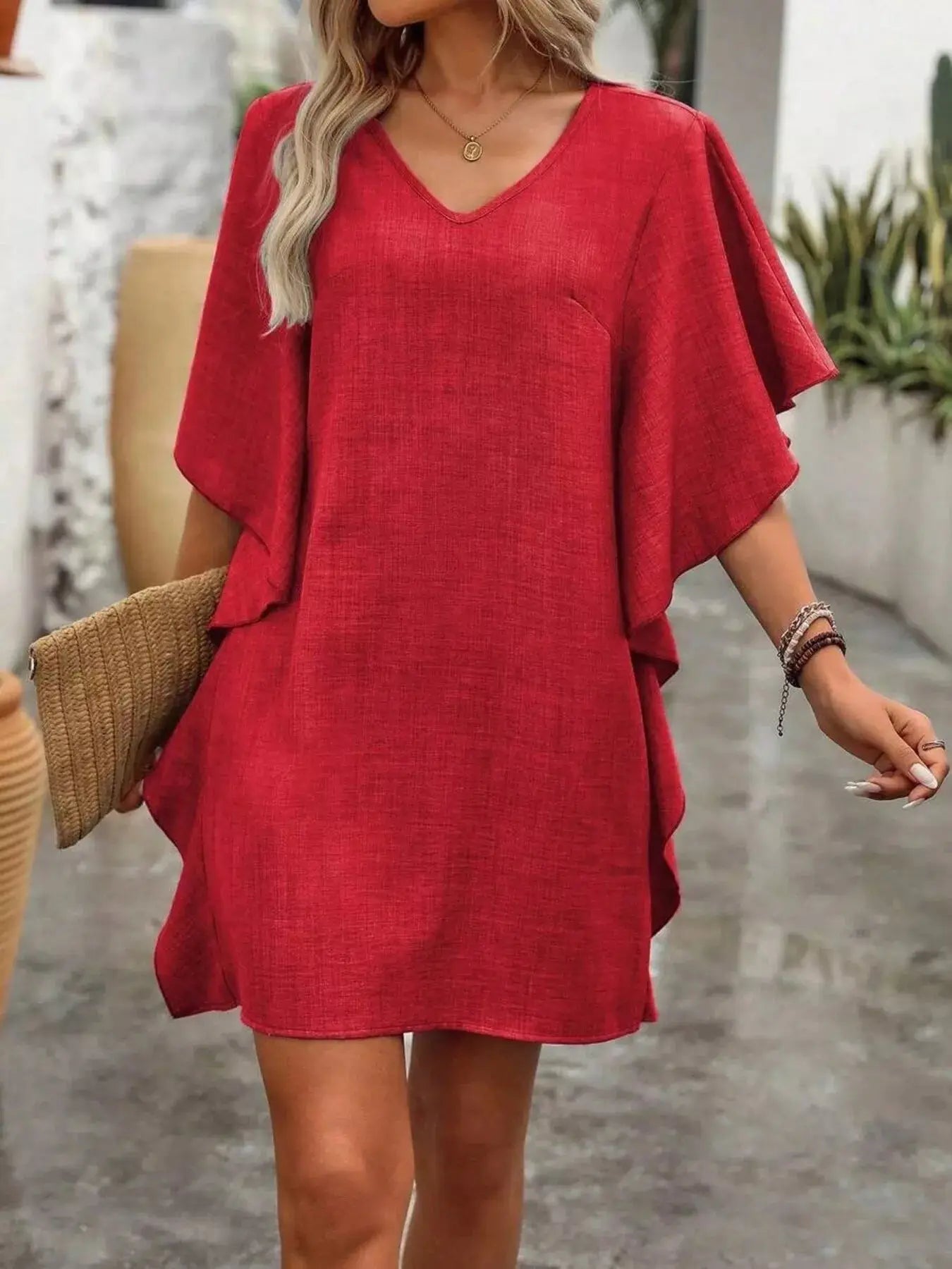 Ruffled Flutter Sleeve V-Neck Mini Dress Trendsi
