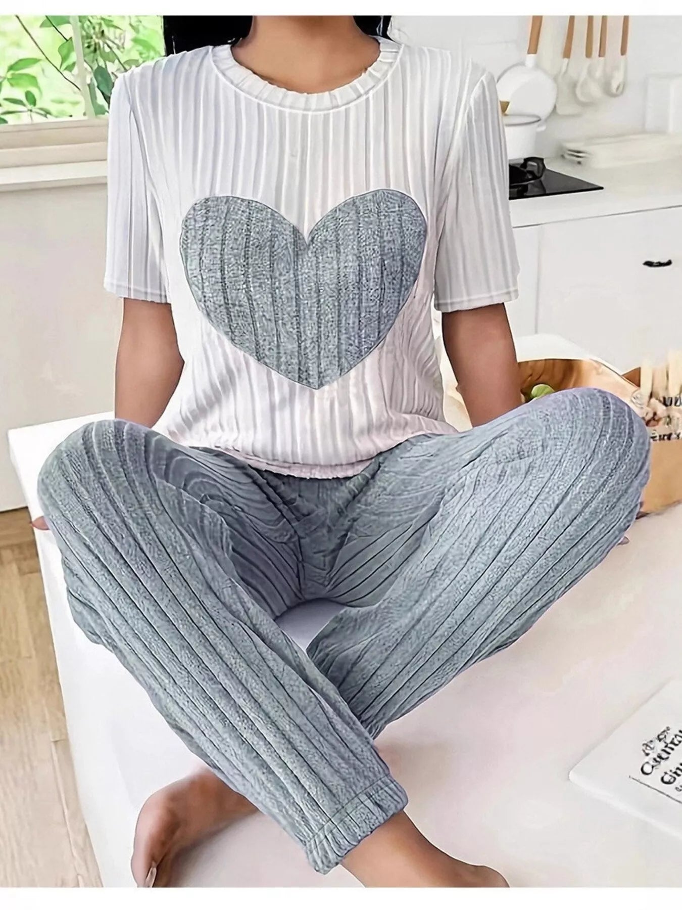Women's Loungewear Heart Ribbed Knit Set