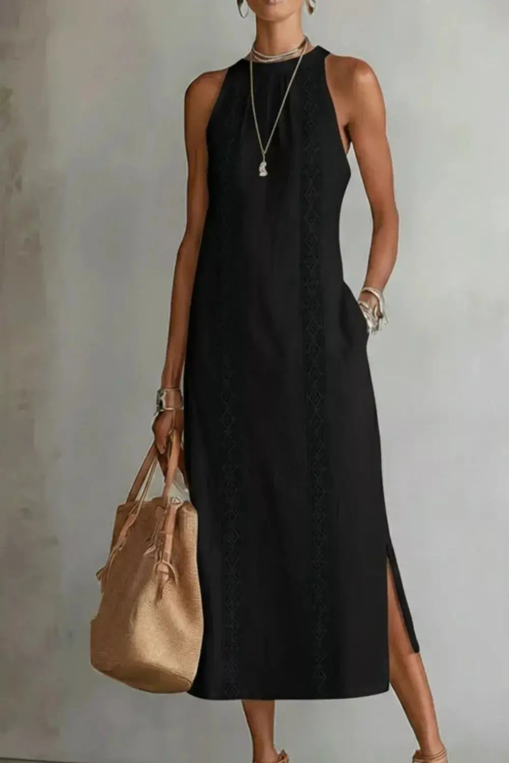 Sleeveless Side Slit Dress with Pockets Trendsi