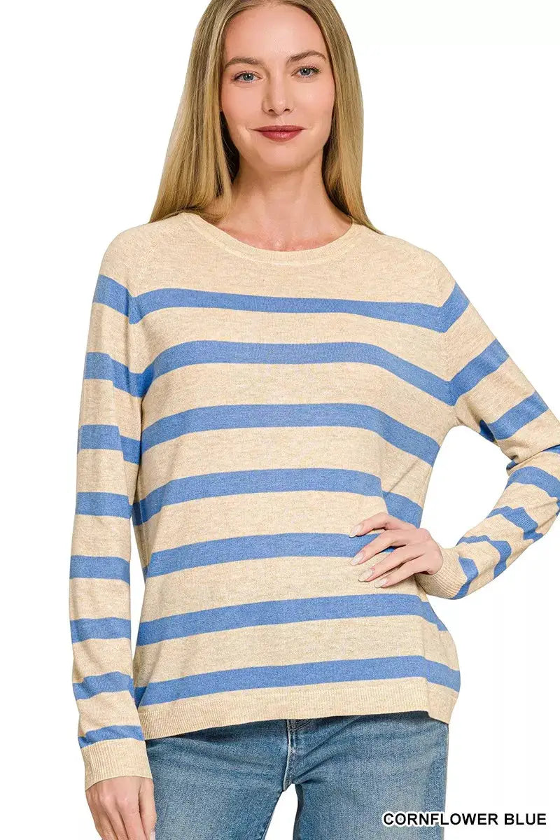 Zenana Lightweight Cornflower Blue Striped Round Neck Wool Blend Sweater — Parfymia