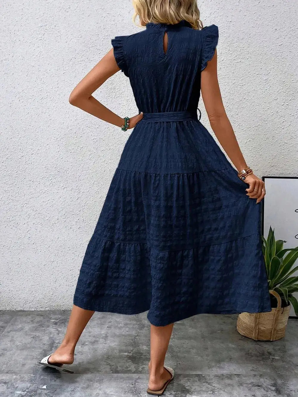 Tied Ruffled Cap Sleeve Midi Dress Trendsi
