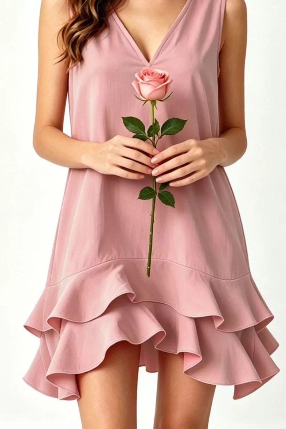 Women's Mini Dress – Ruffle Hem V-Neck