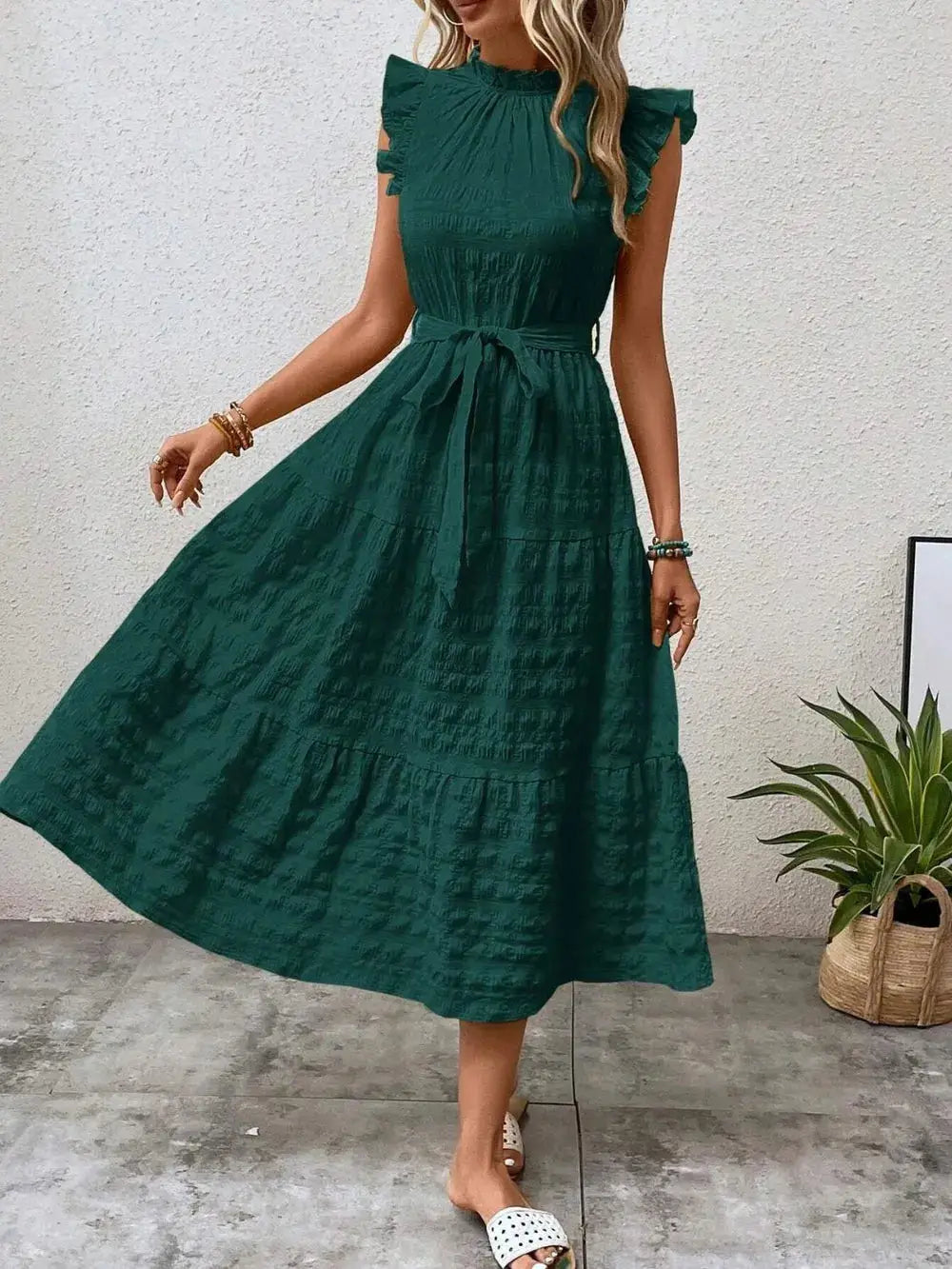 Tied Ruffled Cap Sleeve Midi Dress Trendsi