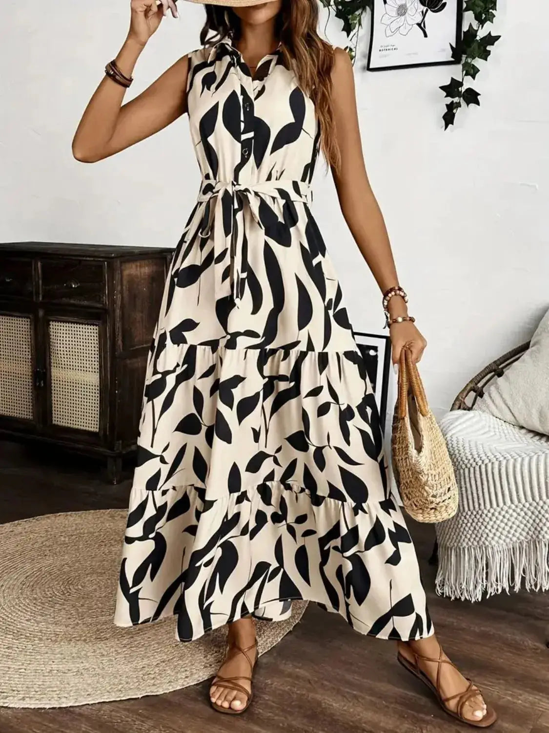 Printed Tie Waist Sleeveless Maxi Dress Trendsi