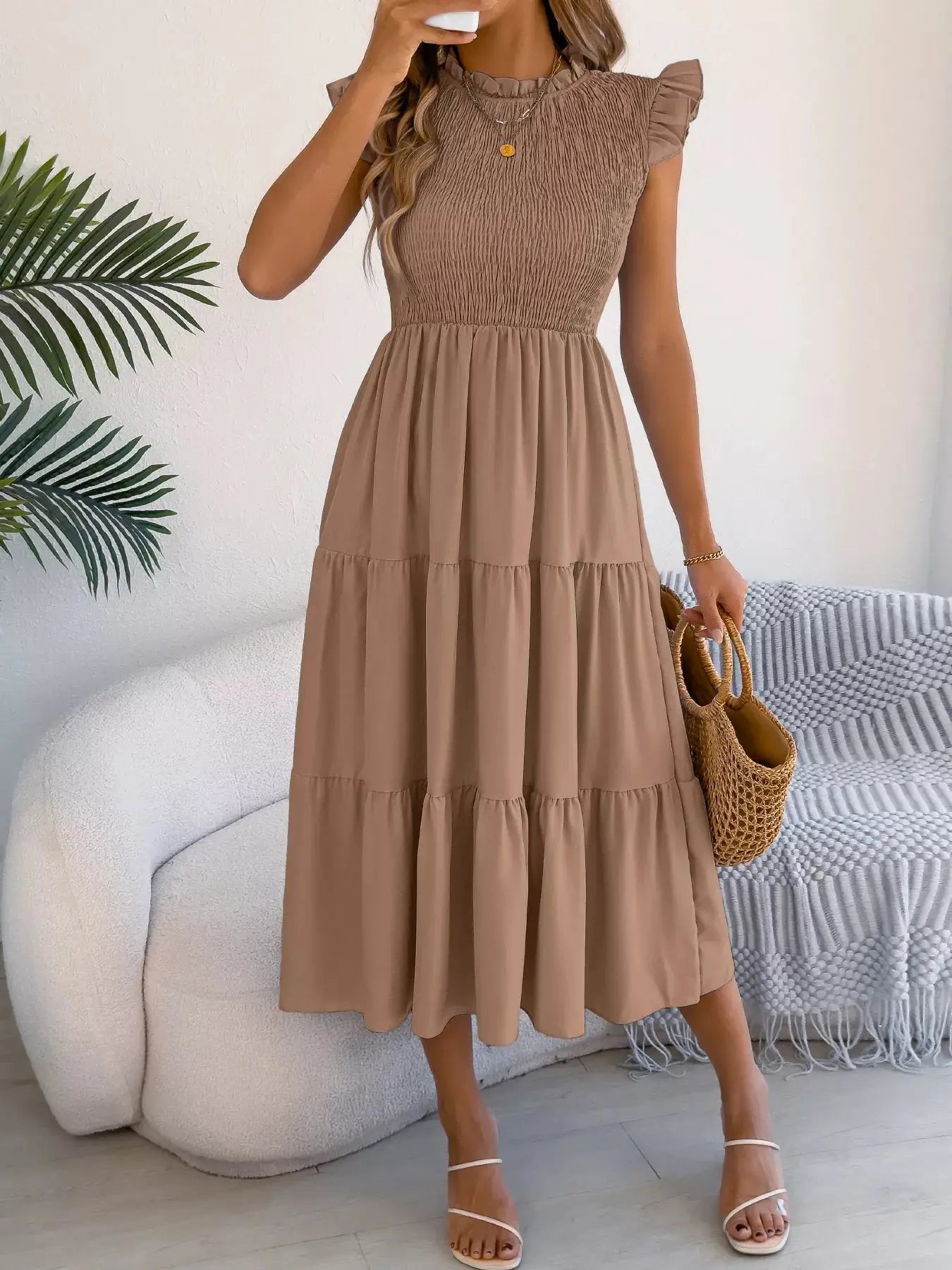 Smocked Ruffled Cap Sleeve Dress Trendsi
