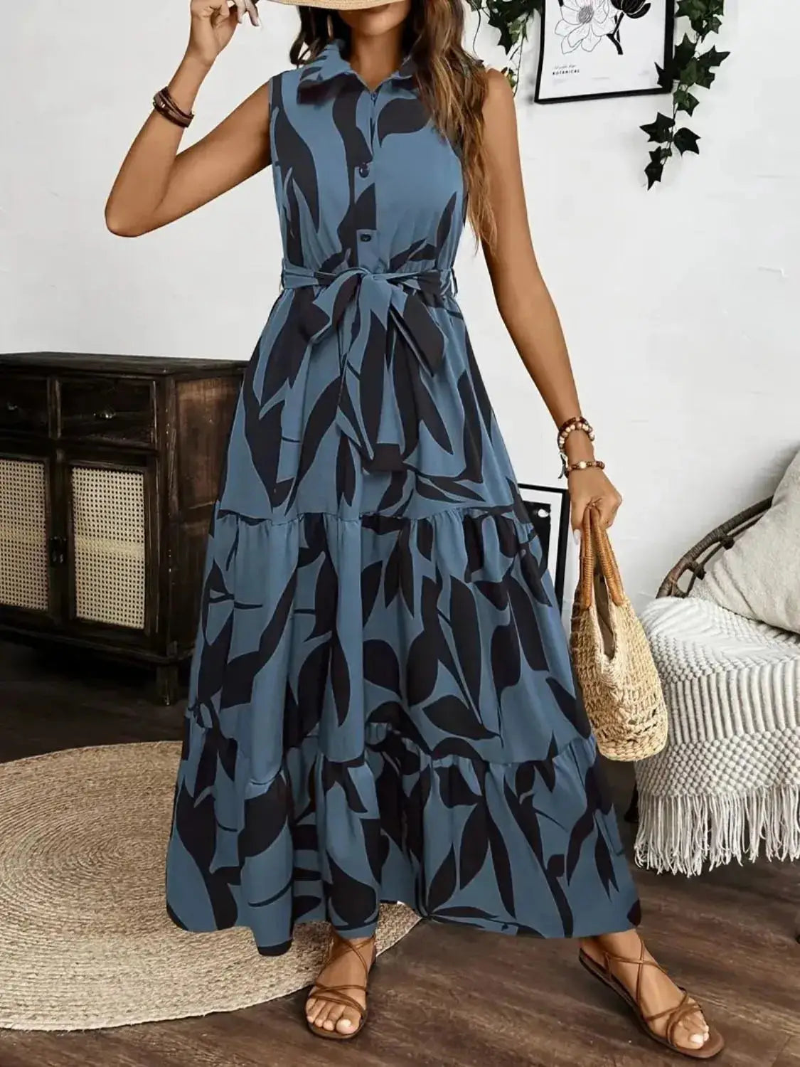 Printed Tie Waist Sleeveless Maxi Dress Trendsi