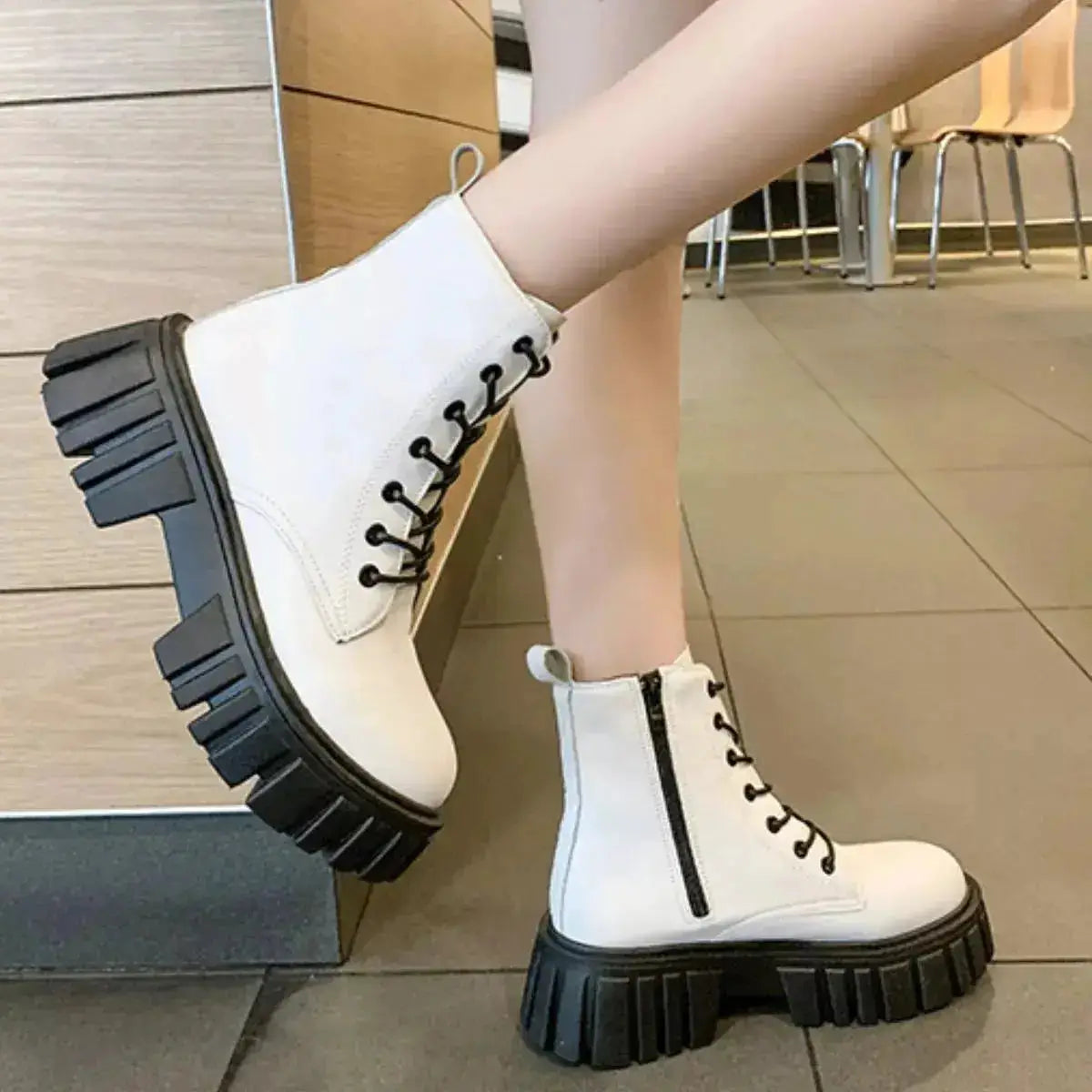 PU Leather Chunky Heel Lace-Up Boots by Parfymia