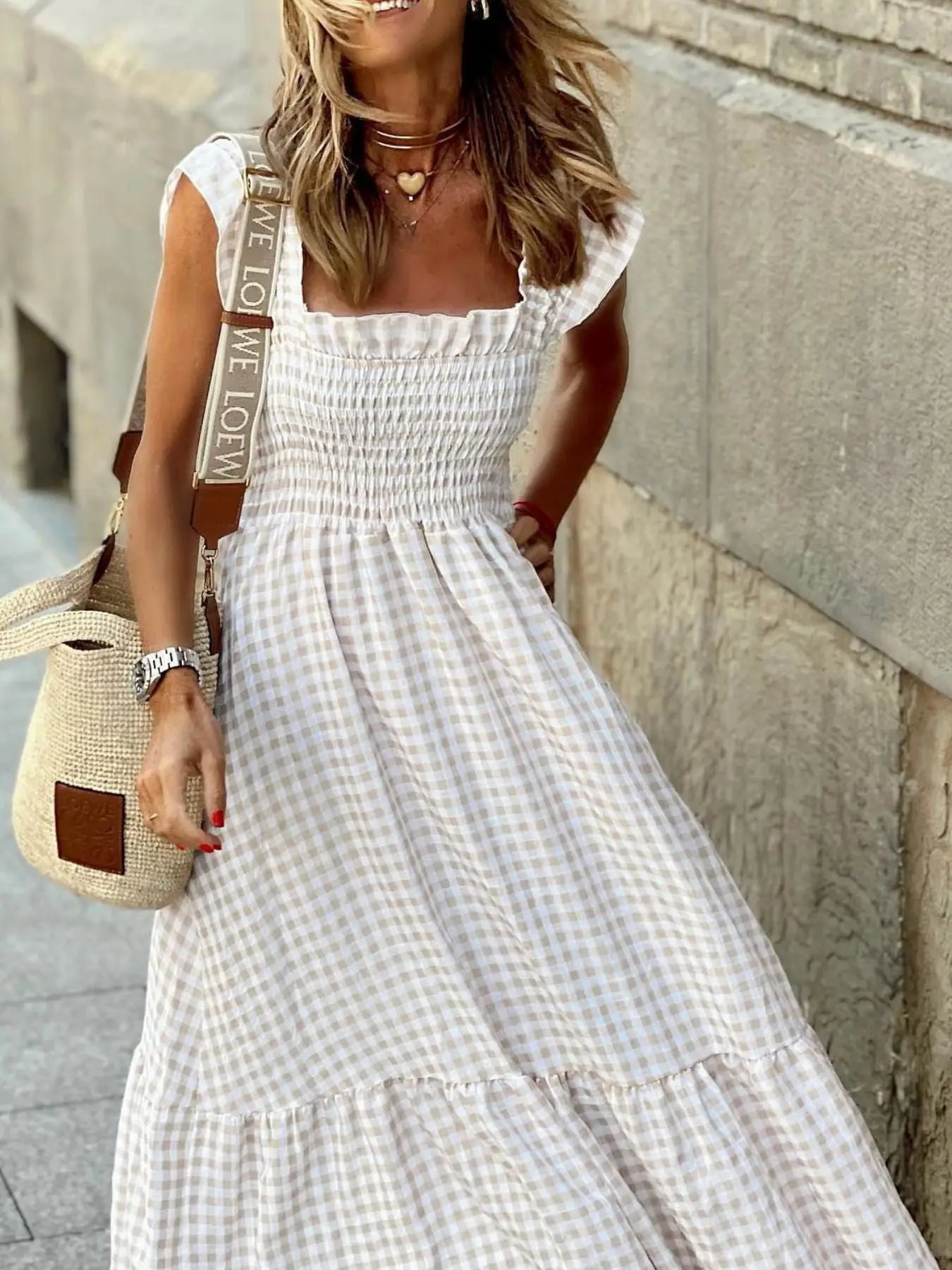 Plaid Ruffle Sleeve Maxi Dress Trendsi