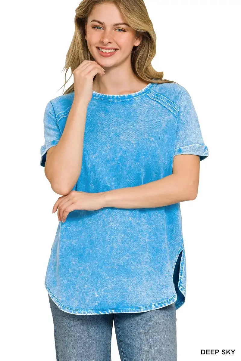 Zenana Deep Sky French Terry Curved Hem Top Loose Fit — Parfymia