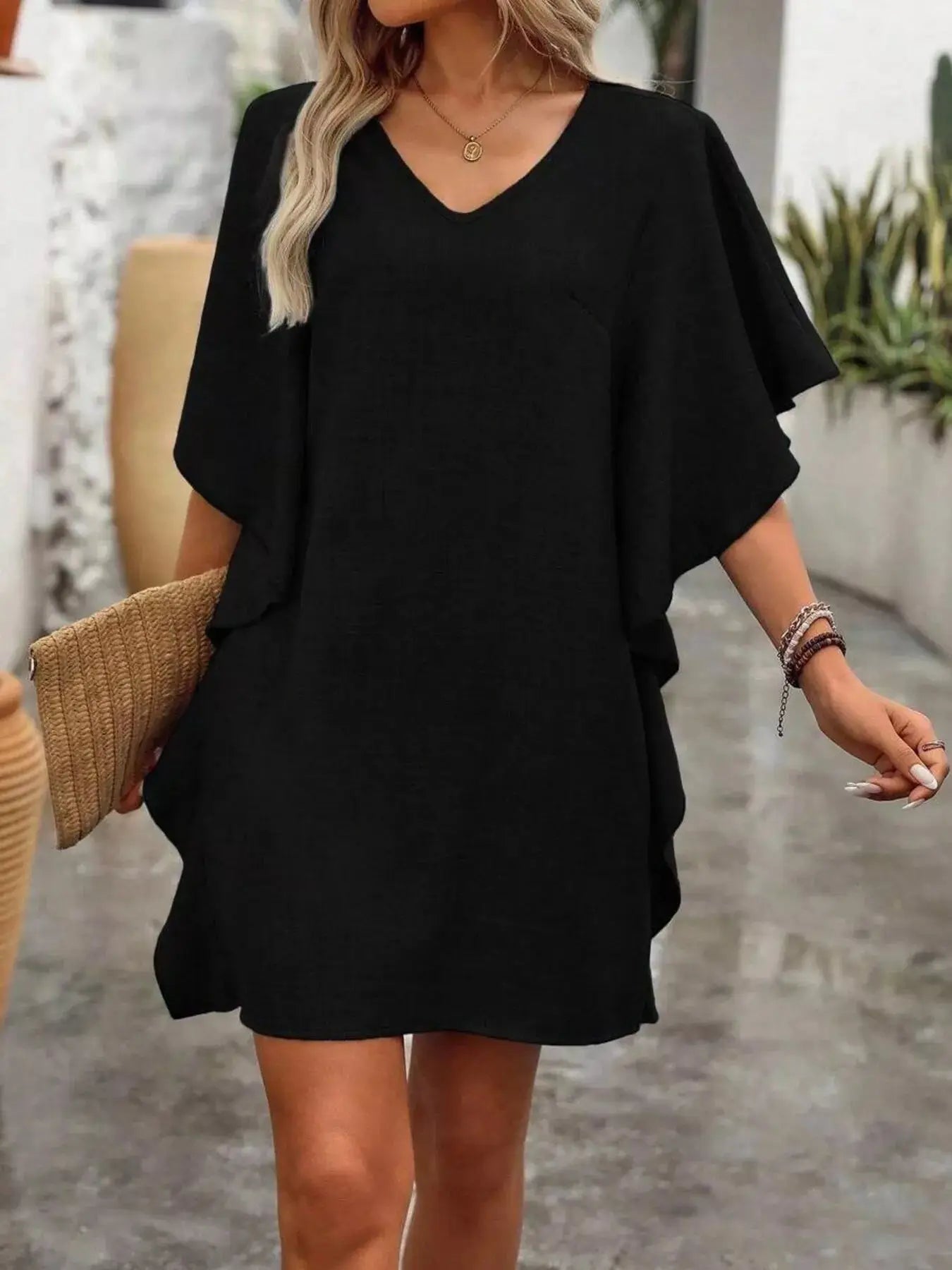 Ruffled Flutter Sleeve V-Neck Mini Dress Trendsi