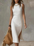 Full Size Sleeveless Mock Neck Slit Midi Dress Plus Size Trendsi