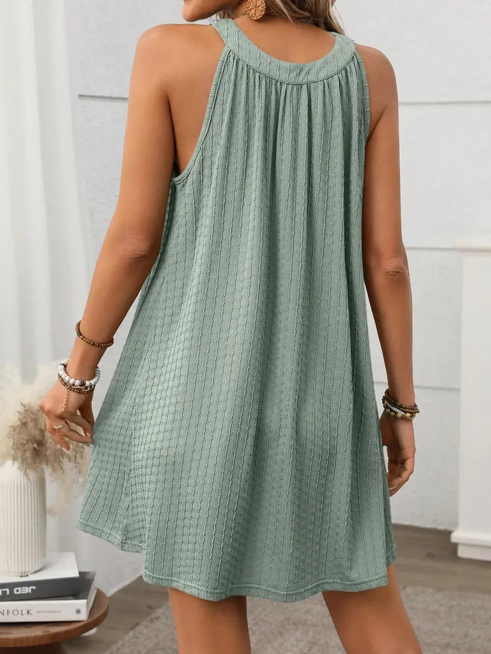Textured Grecian Neck Mini Dress Trendsi