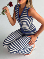Striped Knit V-Neck Button-Up Sleeveless Top and Flare Pants Set