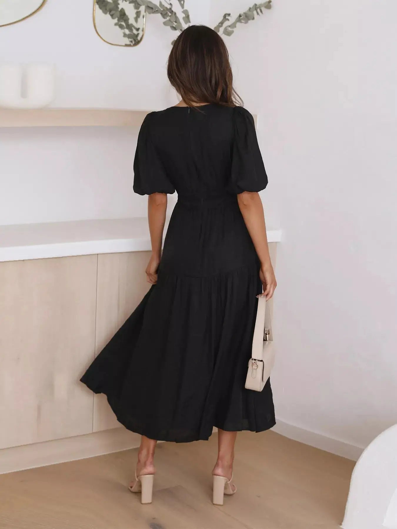 Tiered Puff Sleeve Midi Dress Trendsi