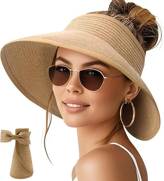 Sun Visor Hats for Women Wide Brim Ponytail Straw Beach Hat Packable Foldable UPF 50+ Floppy Travel Hats Doba