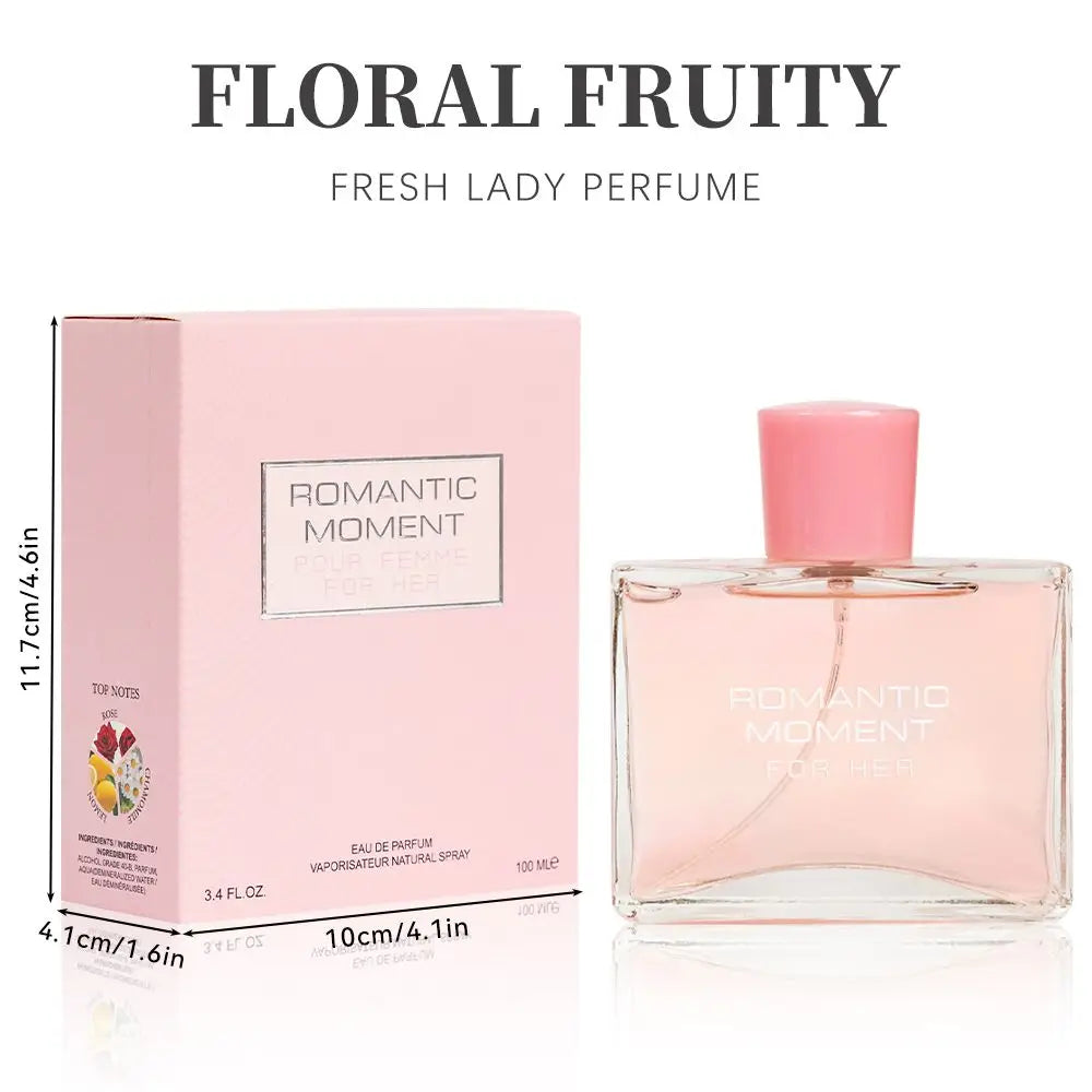 3.4fl Oz Women's Eau De Parfum - ROMANTIC MOMENT - Floral & Woody - With Rose, Chamomile, and Lemon - Medium Intensity Perfume Doba