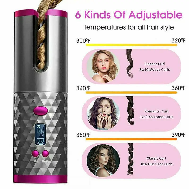 Hair Curler LCD Cordless Auto Rotating Waver Curling Iron Ceramic Wireless USA Doba