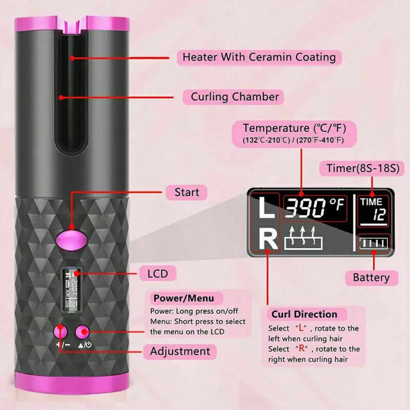 Hair Curler LCD Cordless Auto Rotating Waver Curling Iron Ceramic Wireless USA Doba