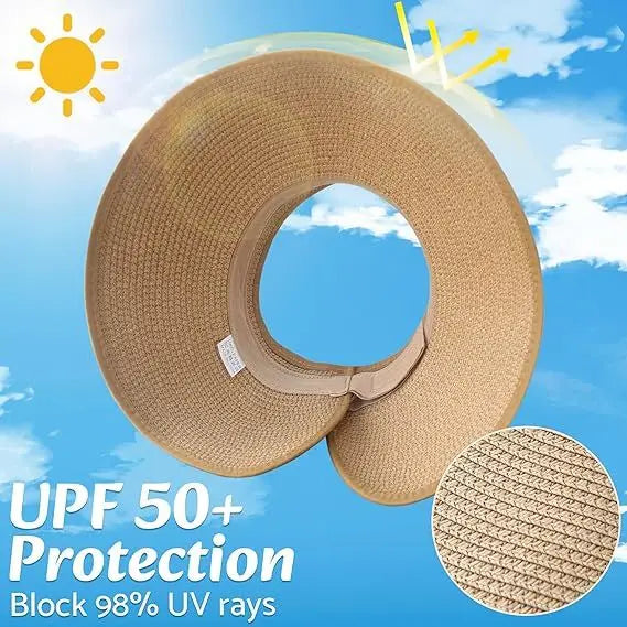 Sun Visor Hats for Women Wide Brim Ponytail Straw Beach Hat Packable Foldable UPF 50+ Floppy Travel Hats Doba