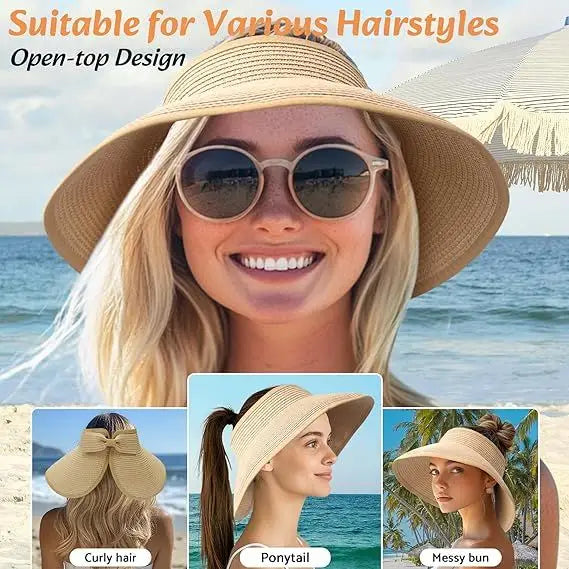 Sun Visor Hats for Women Wide Brim Ponytail Straw Beach Hat Packable Foldable UPF 50+ Floppy Travel Hats Doba