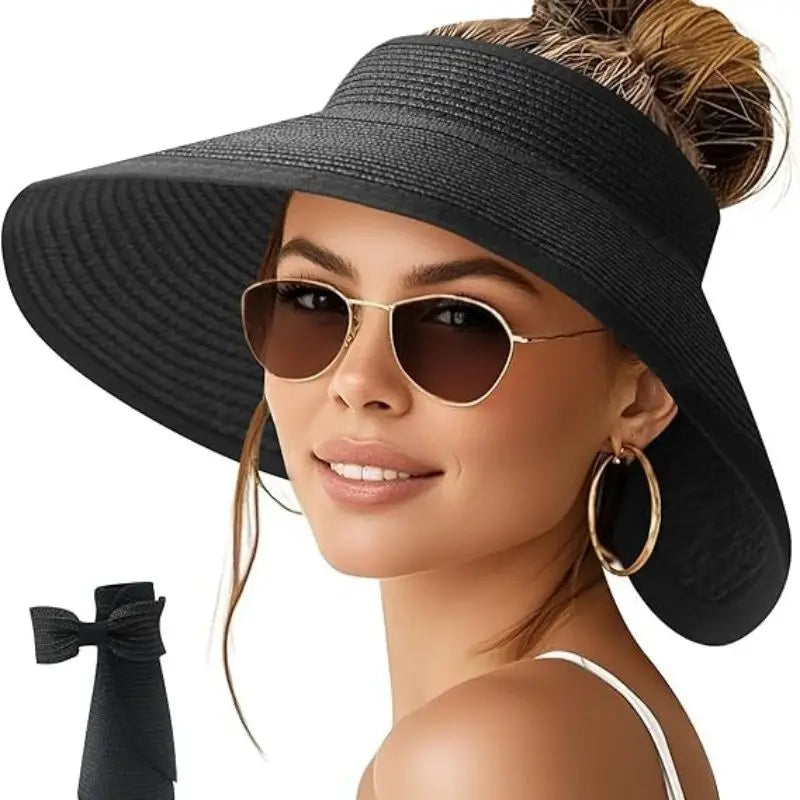 Sun Visor Hats for Women Wide Brim Ponytail Straw Beach Hat Packable Foldable UPF 50+ Floppy Travel Hats Doba