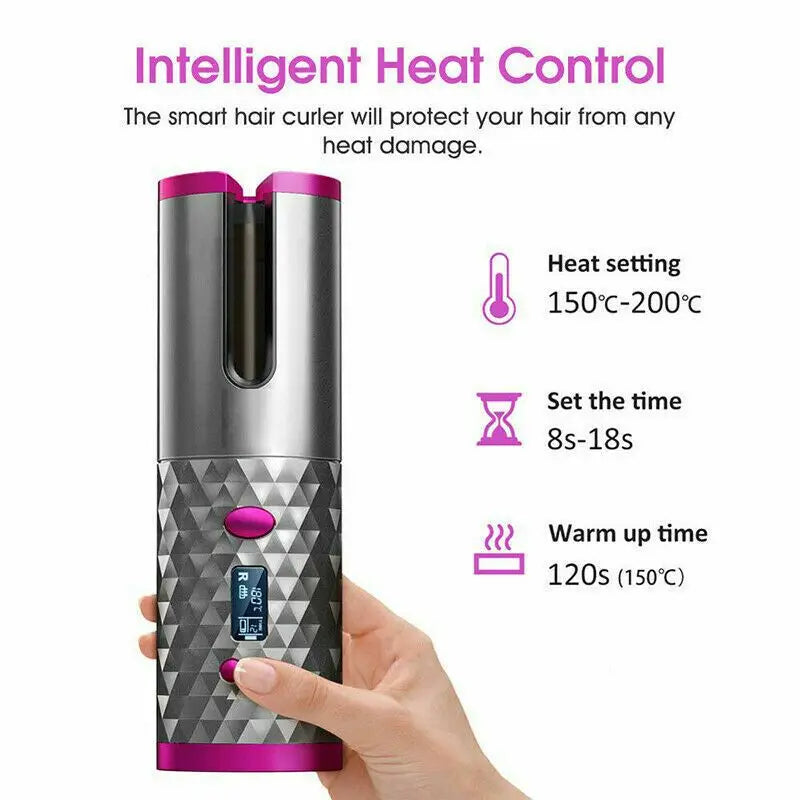 Hair Curler LCD Cordless Auto Rotating Waver Curling Iron Ceramic Wireless USA Doba