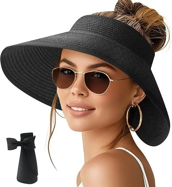 Sun Visor Hats for Women Wide Brim Ponytail Straw Beach Hat Packable Foldable UPF 50+ Floppy Travel Hats Doba