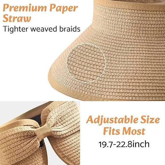 Sun Visor Hats for Women Wide Brim Ponytail Straw Beach Hat Packable Foldable UPF 50+ Floppy Travel Hats Doba