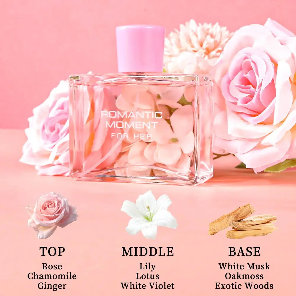 3.4fl Oz Women's Eau De Parfum - ROMANTIC MOMENT - Floral & Woody - With Rose, Chamomile, and Lemon - Medium Intensity Perfume Doba