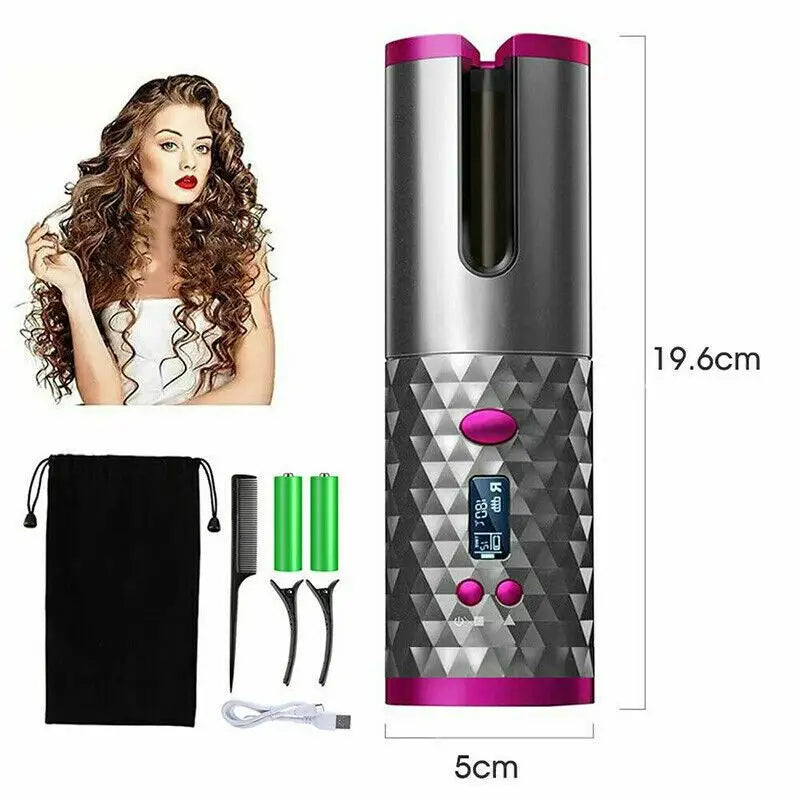 Hair Curler LCD Cordless Auto Rotating Waver Curling Iron Ceramic Wireless USA Doba