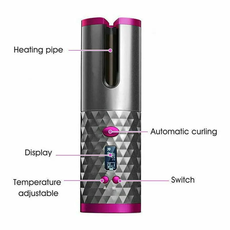 Hair Curler LCD Cordless Auto Rotating Waver Curling Iron Ceramic Wireless USA Doba