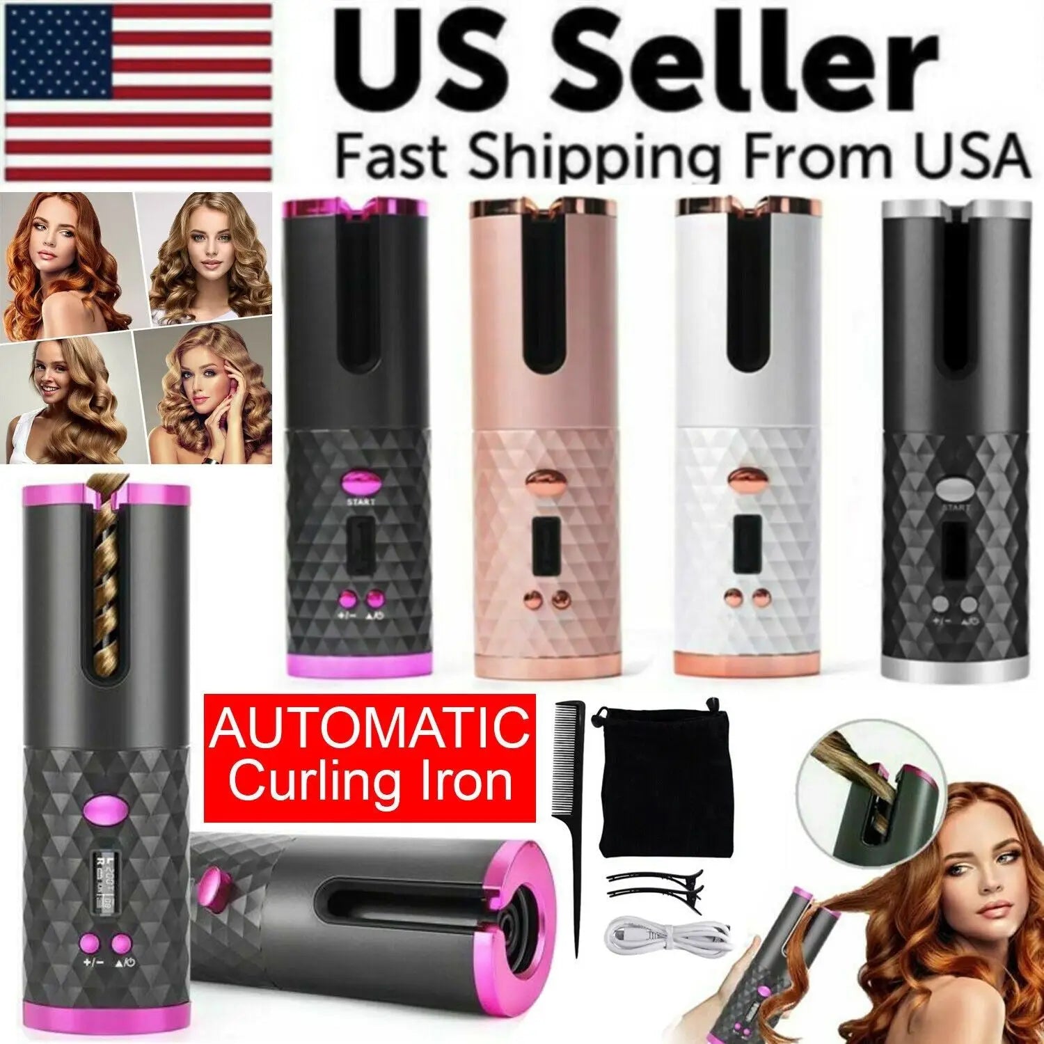 Hair Curler LCD Cordless Auto Rotating Waver Curling Iron Ceramic Wireless USA Doba