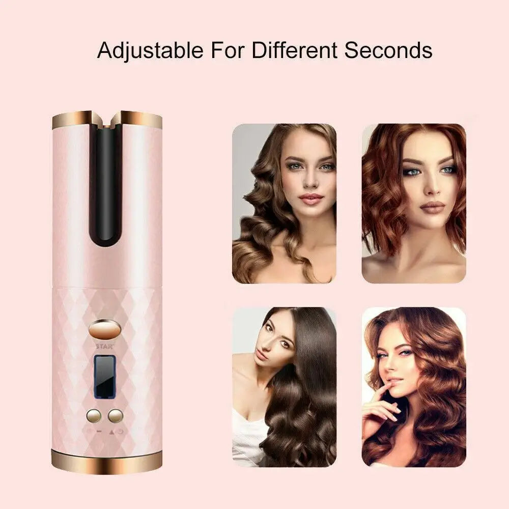 Hair Curler LCD Cordless Auto Rotating Waver Curling Iron Ceramic Wireless USA Doba