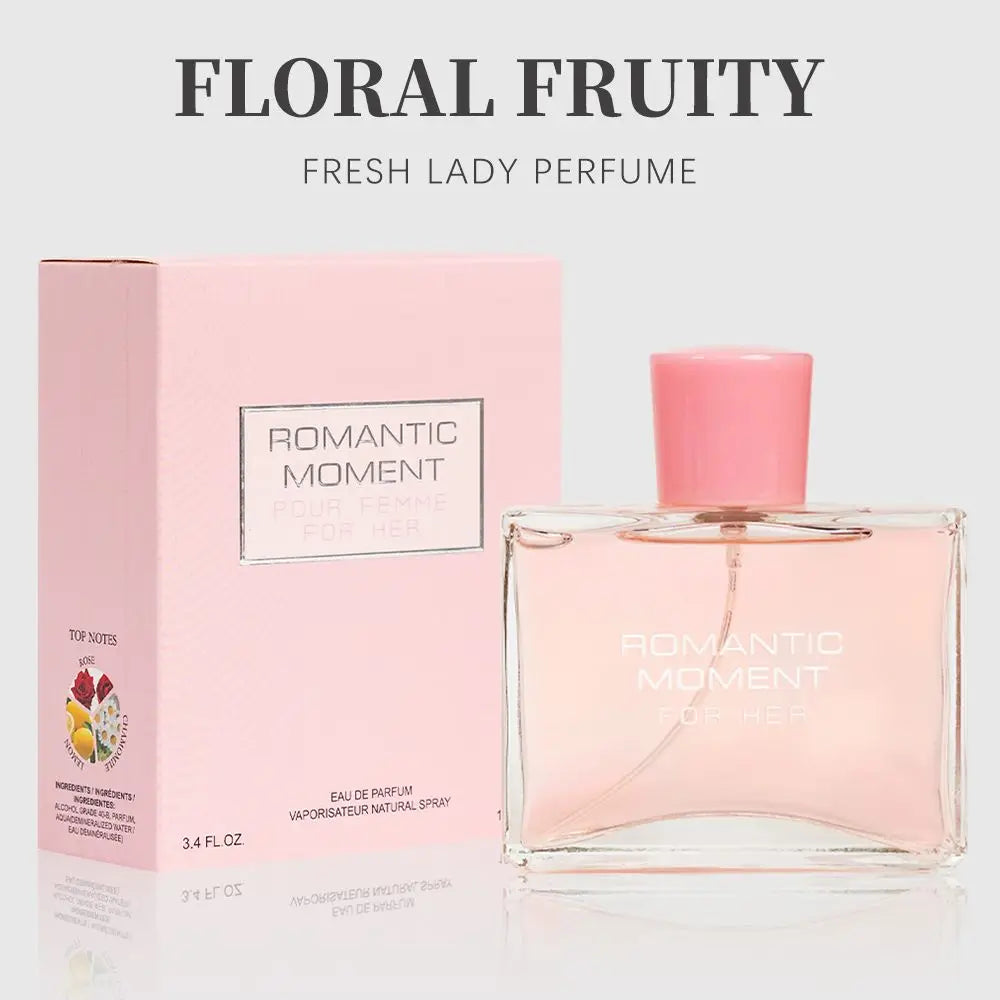 3.4fl Oz Women's Eau De Parfum - ROMANTIC MOMENT - Floral & Woody - With Rose, Chamomile, and Lemon - Medium Intensity Perfume Doba