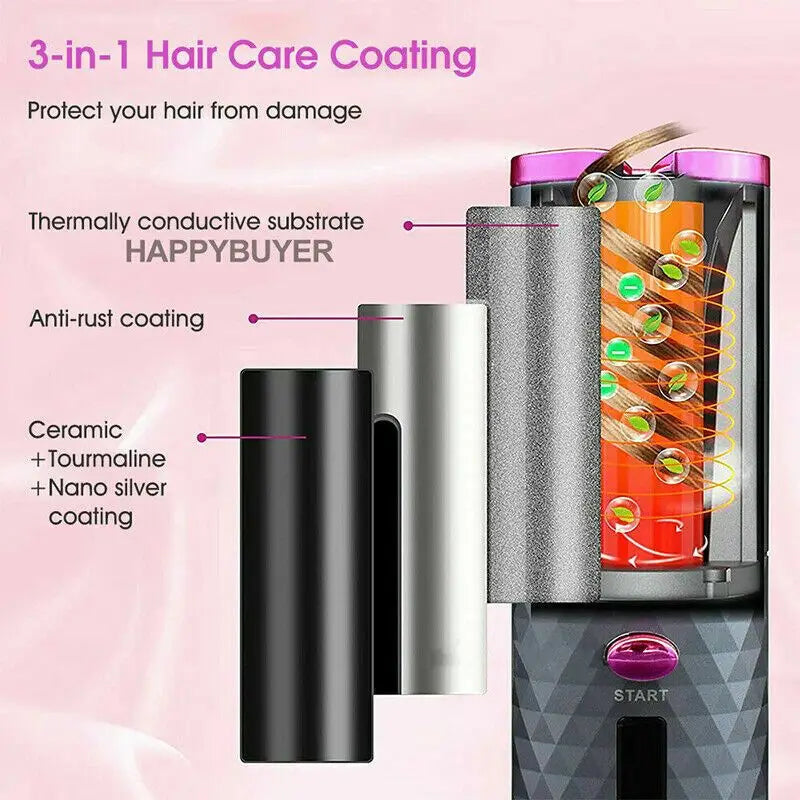 Hair Curler LCD Cordless Auto Rotating Waver Curling Iron Ceramic Wireless USA Doba