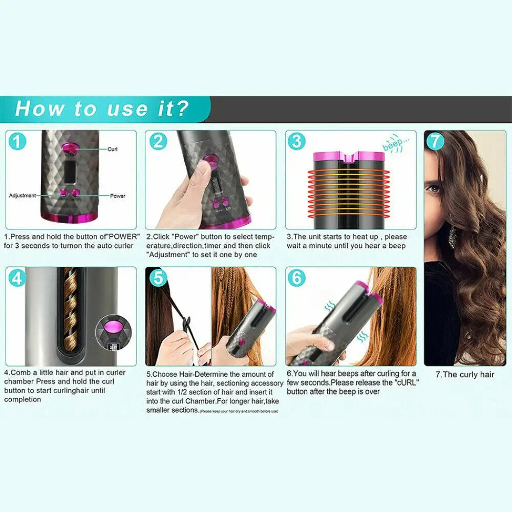 Hair Curler LCD Cordless Auto Rotating Waver Curling Iron Ceramic Wireless USA Doba