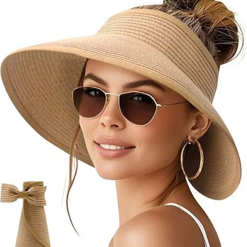 Sun Visor Hats for Women Wide Brim Ponytail Straw Beach Hat Packable Foldable UPF 50+ Floppy Travel Hats Doba
